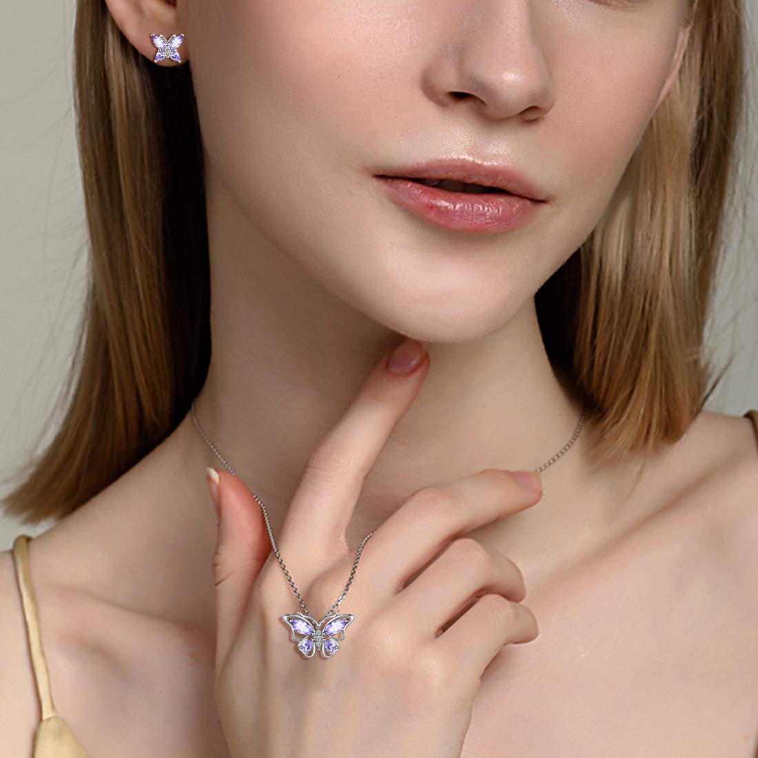 Hipunk Butterfly Blue Jewelry Sets Birthstone Women 925 Sterling Silver June-Alexandrite Birth Stone Animal Butterflies Jewelry Sets/Earring Set Crystal Birthday Jewelry SS0001U