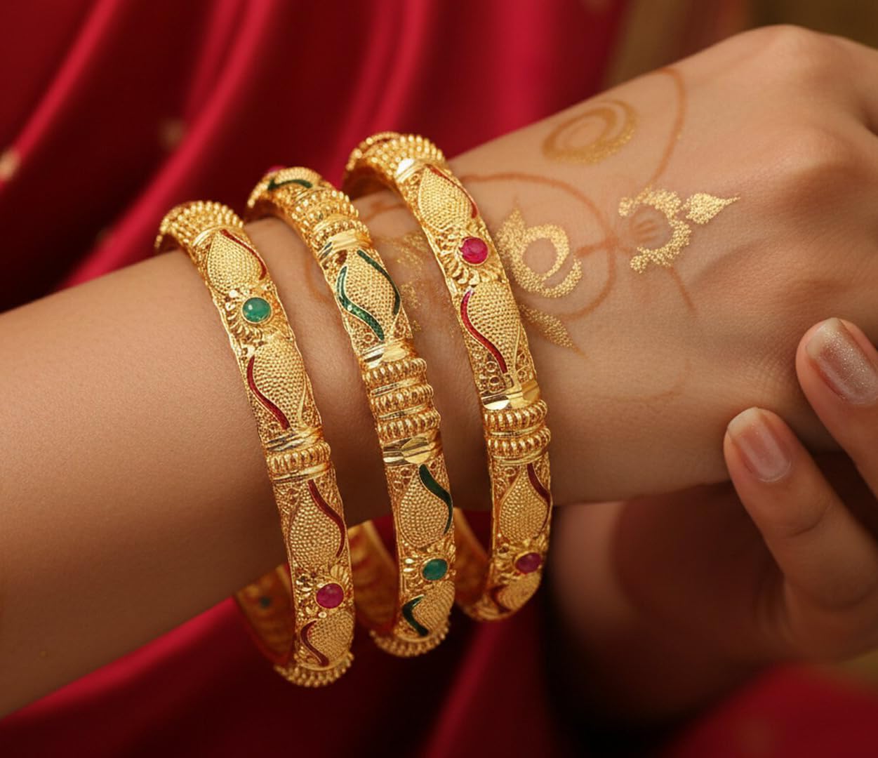 Touchstone "Golden Bangle Collection Indian Bollywood Desire Beautifully Carved Conch Shell Inspired Faux Ruby Emerald Thick Designer Jewelry Bangle Bracelets. Set of 4. in Gold Tone for Women.