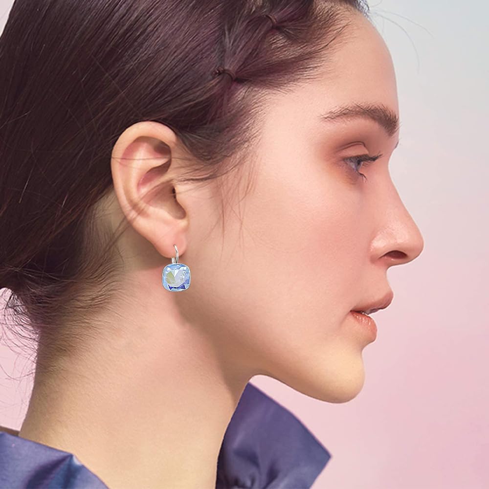 AOBOCO Sterling Silver Leverback Earrings Embellished with Crystals from Austria, Hypoallergenic Cushion Cut Square Crystal Earrings, Fine Anniversary Birthday Jewelry Gifts for Women (Fantasy Blue-10mm)
