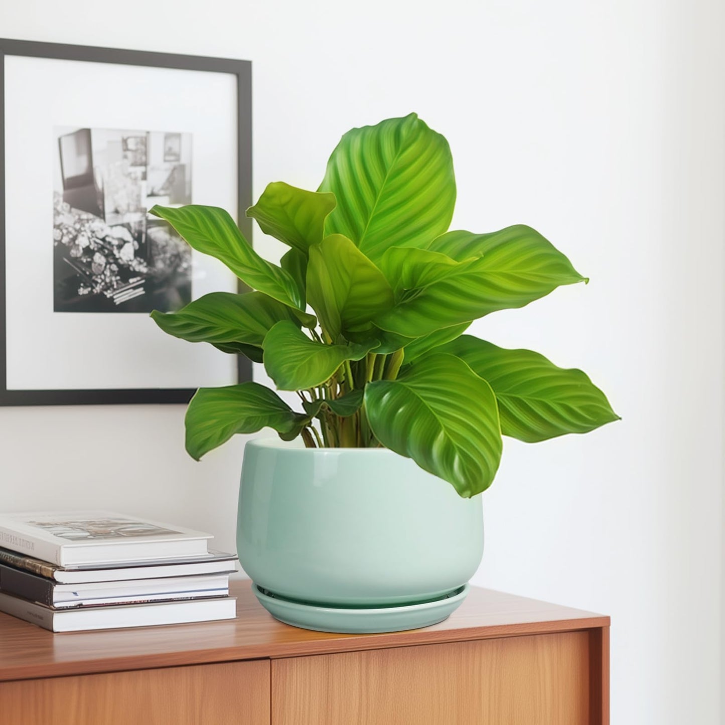 G EPGardening Ceramic Plant Pots - 7 Inch Planter for Indoor Outdoor Plants, Ceramic Planter with Drainage and Saucer, Round Modern Flower Pots, House Decor, Gift for Men Women, Green