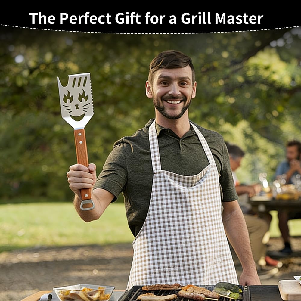 Grilling Accessories, BBQ Grill Tools Set with Spatula, Tongs, Brush & Bottle Opener, Stainless Steel Outdoor Barbecue Kit, Funny Grilling Gifts for Men