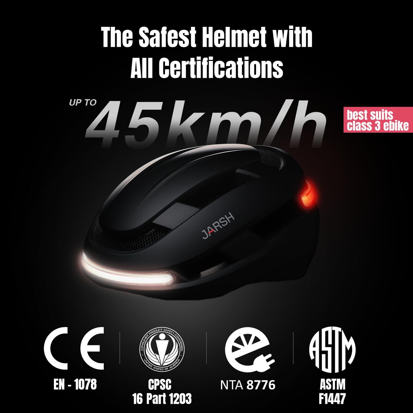 JARSH Commute Smart EBike Helmet with Lights | NTA-8776 Certified for Electric Bikes, Scooters | Cycling Helmet Night Ride | Turn Signal | Fidlock Buckle | Electric Bike Helmet for Adults, Men, Women