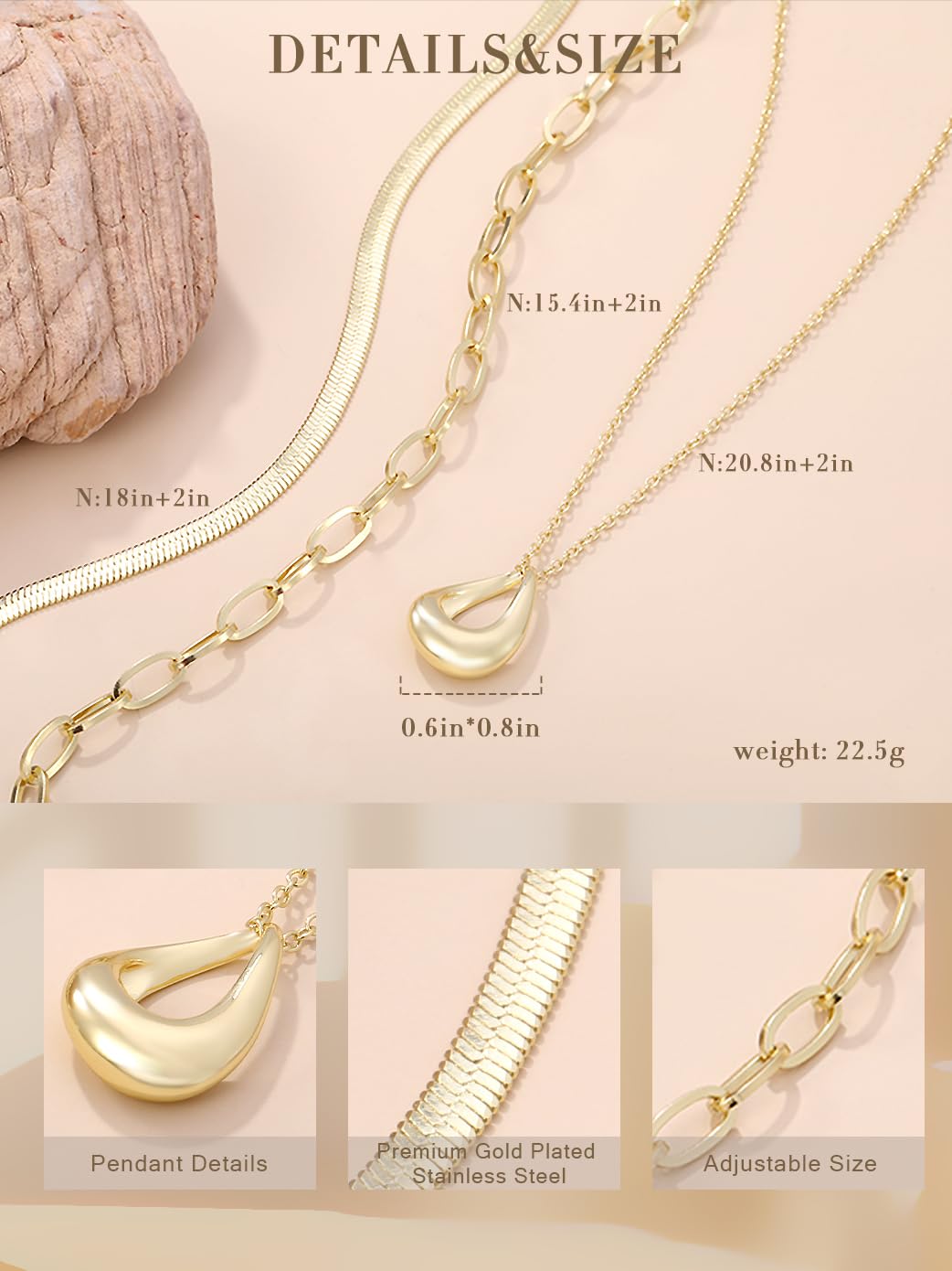 LUXU kisskids Layered Necklaces for Women, 3 Pieces Layered Gold Necklaces Set, Herringbone Choker Oval Link Stackable Necklace Simple Chain Circle Pendant, Stainless Steel Trendy Jewelry Set Gifts for Her