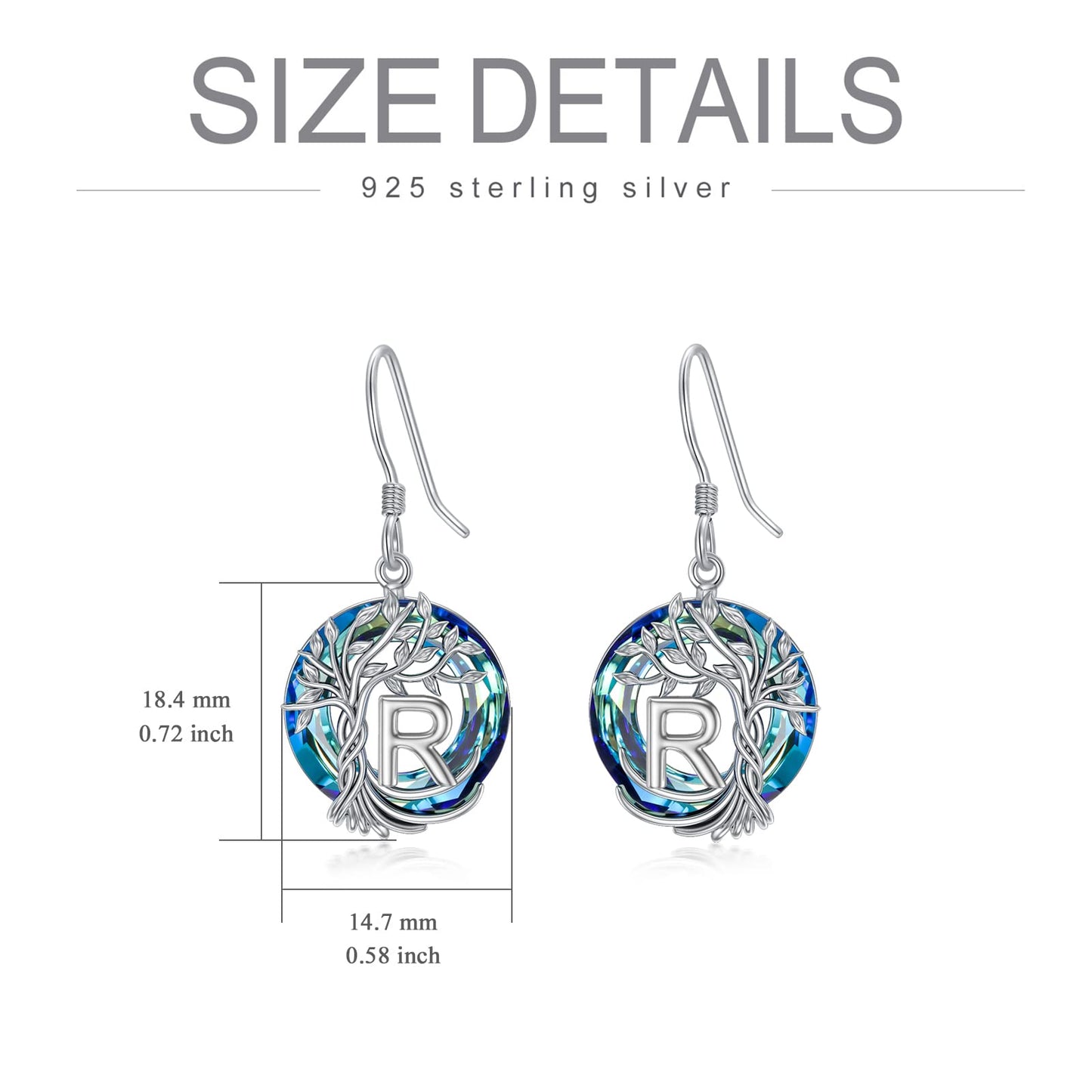 TOUPOP Tree of Life Initial Earrings Sterling Silver Initial R Letter Drop Dangle Earrings Blue Circle Crystal Family Tree Jewelry Birthday Mothers Day Gifts for Women Mom Her