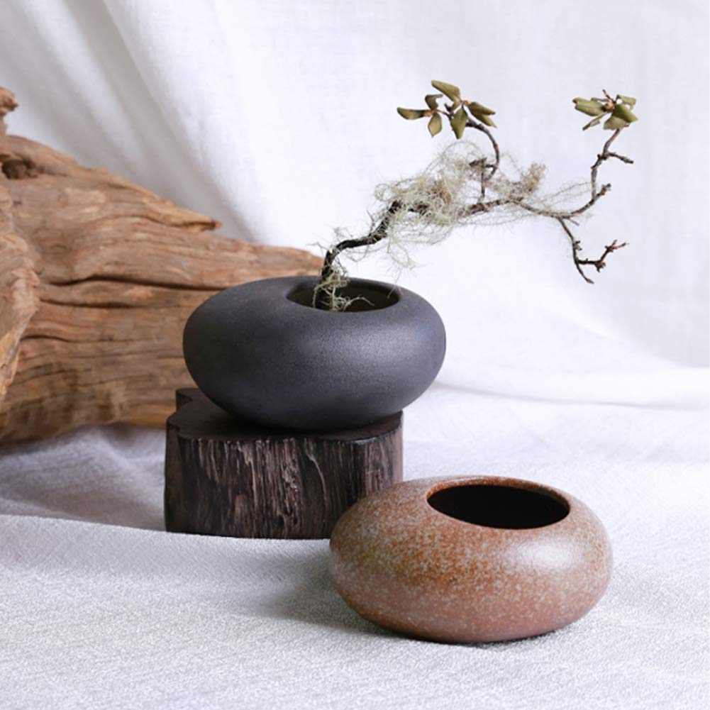 WANDIC Ikebana Flower Arrangement Vase Kit, Black Pebble Ceramic Planter Pot with 4cm Kenzan Flower Frog Pottery Floral Arranging Pin Needle Holder for Floral Art Desk Office Decoration