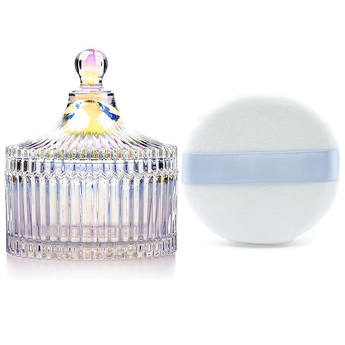 Ultra Soft Powder Puff and Container 3.3" High Density Velvet Dusting Washable Reusable Powder Puff,Body Powder Puff and Glass Jar Holder Loose Powder Box with Puff for Face Makeup(Dazzling colors)