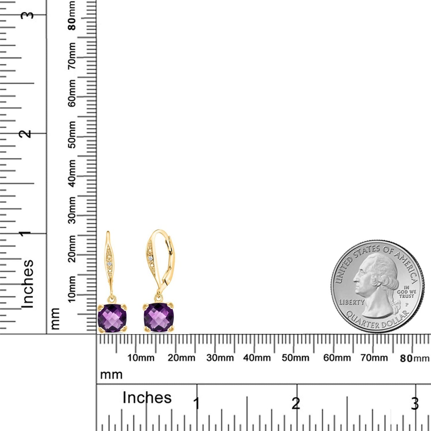 Gem Stone King Drop Dangle Earrings For Women | 7MM Cushion Cut Gemstone Birthstone and Diamond | 925 Sterling Silver | Jewelry Gift for Mom Wife Her | Amethyst-Checkerboard-February | Yellow Gold