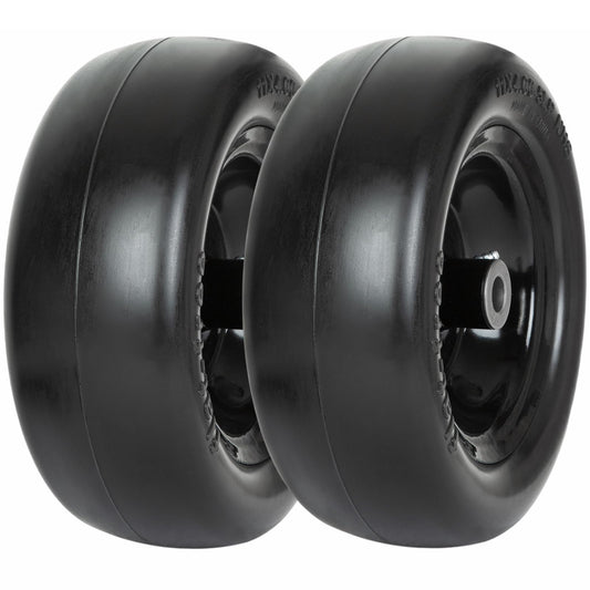 2 Pack 11x4.00-5 Flat Free Lawn Mower Tire and Wheel Assembly Universal Fit, Smooth Tread, 3/4", 5/8" & 1/2" Bushing, 3.4", 4", 4.5" & 5" Centered Hub for Zero Turn Lawn Mowers
