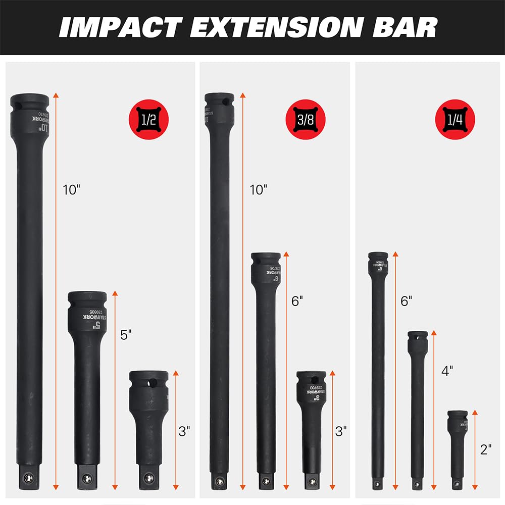 STARWORK TRUE MECHANIC 153-Piece 1/4", 3/8", 1/2" Drive Impact Socket Set, Professional, SAE/Metric