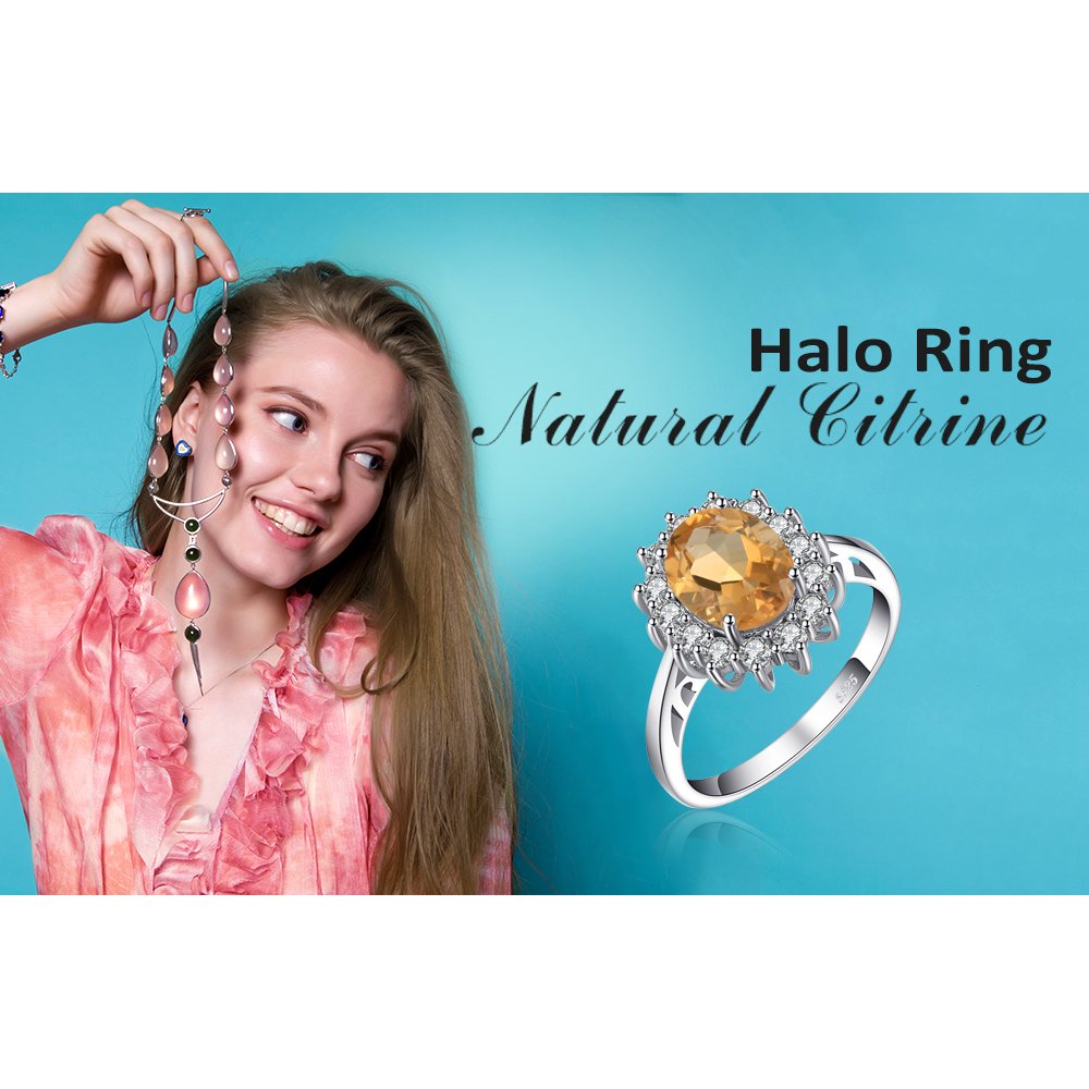JewelryPalace Princess Diana Kate Middleton Gemstone Birthstone Yellow Amethyst Halo Statement Engagement Rings for Women, 14K White Gold Plated 925 Sterling Silver Promise Rings for Her Size 10.5