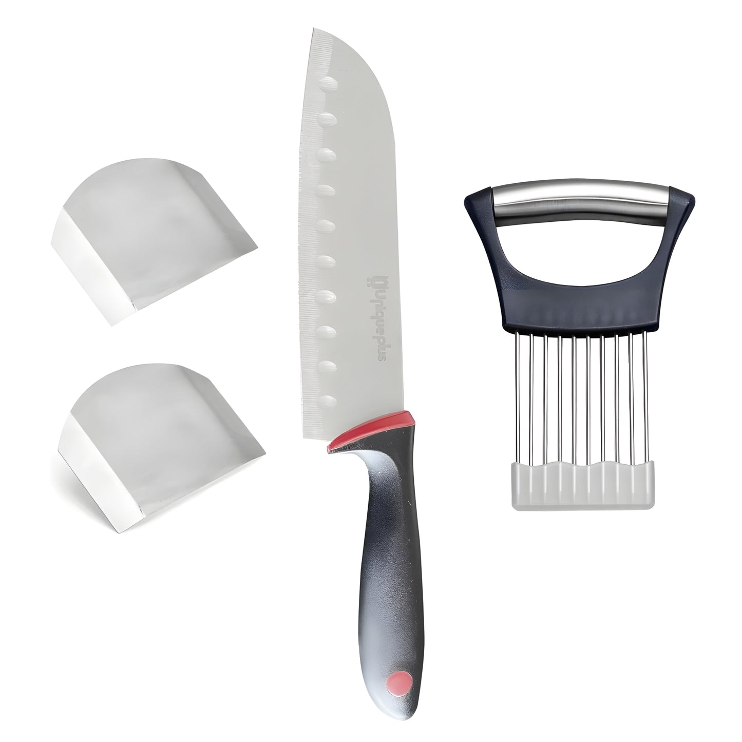 UNIQUEPLUS stainless steel onion slice holder onion slicer and chopper,finger guards for cutting food,finger protector for cutting food 2025 Premium Onion Slicer with finger holder & bread knife