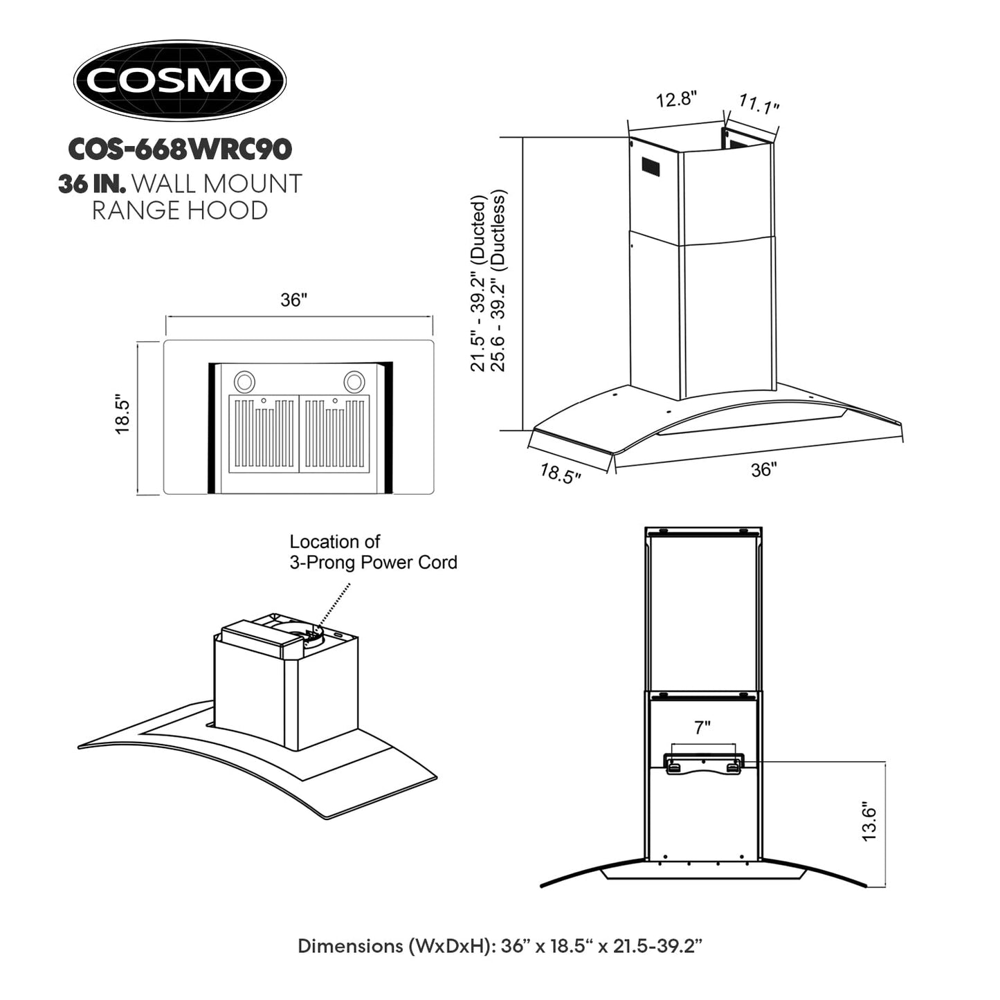 COSMO COS-668WRC90 36 in. Vista Collection 380 CFM Ducted Wall Mount Range Hood, Button Controls, LED Lights, Stainless Steel