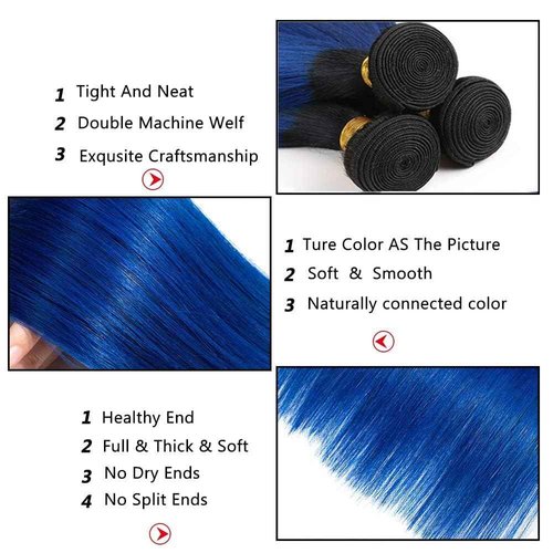 Habiliana Bundles Human Hair 16 18 20 Inch Straight T1B Blue Human Hair Bundles 11A Unprocessed Brazilian Virgin Quick Weave Hair Extensions for Black Women