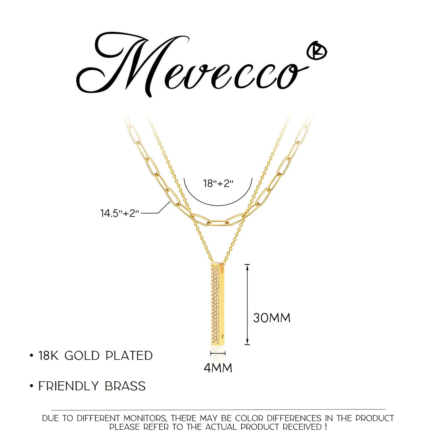 MEVECCO Gold Layered Choker Necklace for Women, 18K Gold Plated Dainty CZ 3D Vertical Bar Pendant Minimalist Paperclip Double Layer Necklace for Jewelry