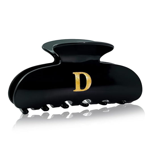 Acrylic Letter Hair Clips for Women - Black Monogram Hair Claw Alphabet Large Hair Clip, Fashion Glitter Claw Clips Elegant And Durable Hair Accessory, Letter D