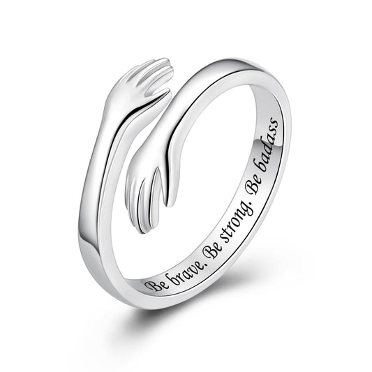 ACJFA Hug Rings for Women Sterling Silver Adjustable Ring for Women Daughter Hand Ring Jewelry for Birthday Gifts Holiday Gift (Be brave. Be strong. Be badass)
