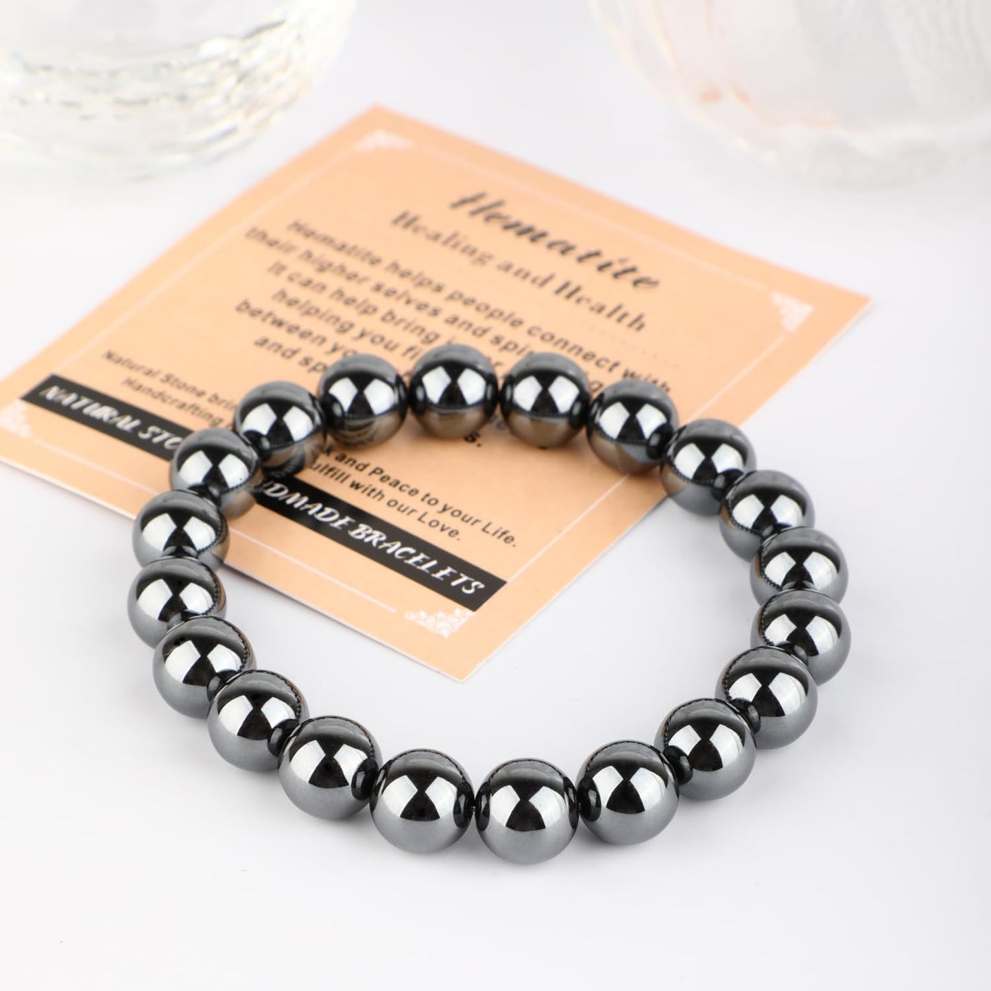 AD Beads 8mm Handmade Hematite Elastic Bracelet – Natural Gemstone for Healing and Health – Meditation, Yoga, Healing and Energy Gift for Men Women
