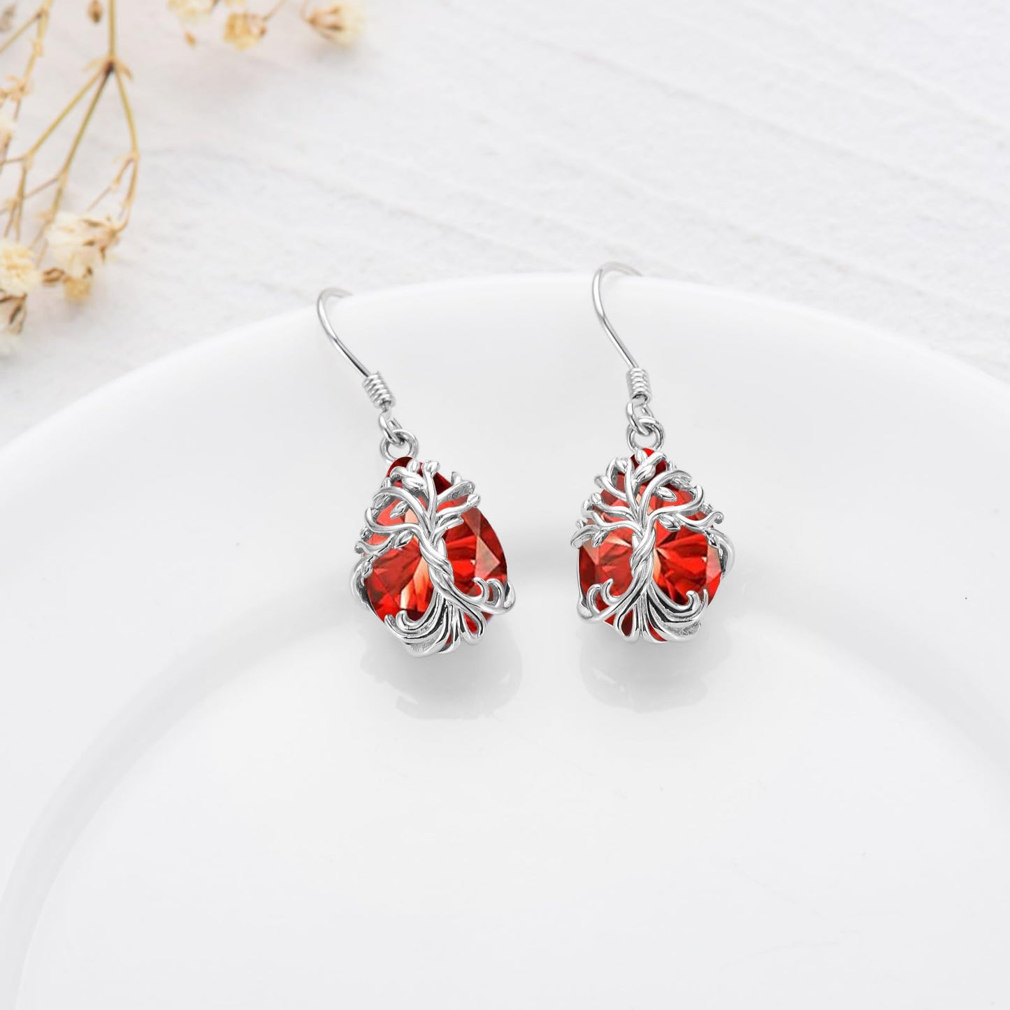 TOUPOP Ruby July Birthstone Earrings Sterling Silver Teardrop Tree of Life Earrings Family Tree Ruby Jewelry Birthday Mothers Day Gifts for Women Mom Her
