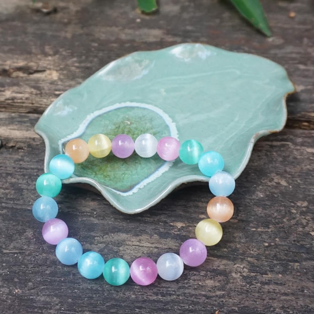 TaHLga 10mm Rainbow Selenite Bracelet - Iridescent Natural Crystal | Handmade Meditation Bracelet with Cat-Eye Effect | Come with Beading Tool Kit - Adjustable to 6.5-8 inches Wrist Size