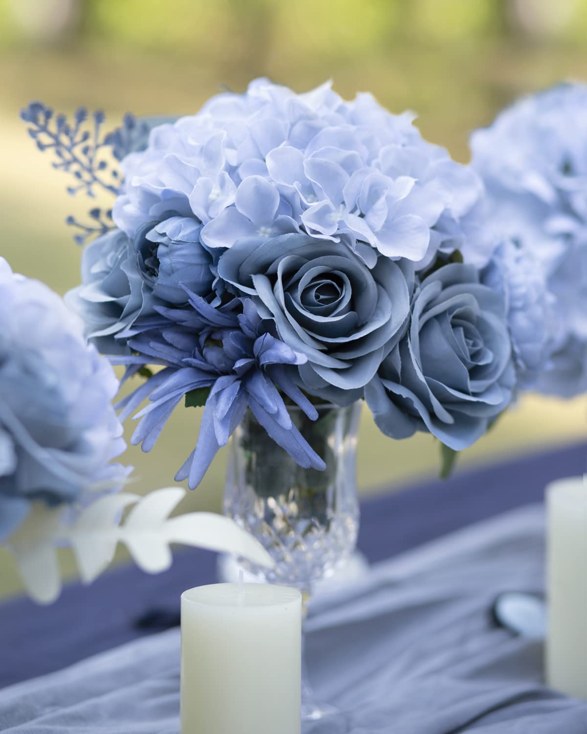 LFF 10Pcs Dusty Blue Roses Artificial Flowers, Faux Silk Roses with 21.2" Long Stems & 2.36" Large Blooms, Lifelike Fake Roses for DIY Wedding Bouquet Home Party Vase Filler Table Centerpiece Decor