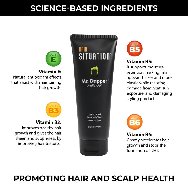Hair Situation Mr. Dapper Matte Look Strong Hold Styling Hair Gel for Men, Anti-Humidity Shield, Anti-Frizz and Fly Away, Alcohol-Free, No Flake Formula Made with Vitamins to Strengthen Hair, 6 Fl Oz
