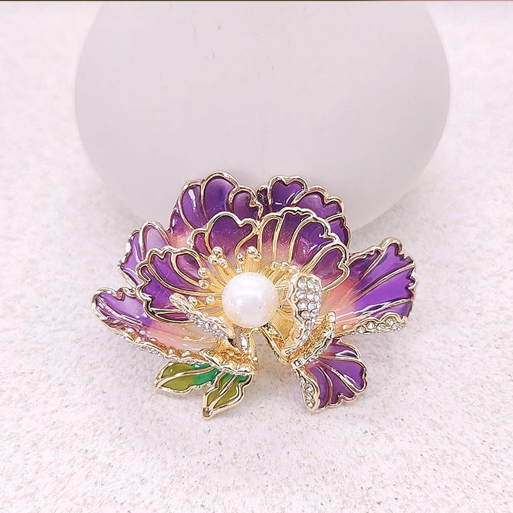 Dainty Flower Brooch Pins for Women Graceful Cubic Zircon Peony Pearl Enamel Badges Lapel Pins Trendy Banquet Prom Dress Jewelry Accessories Gift (Purple)
