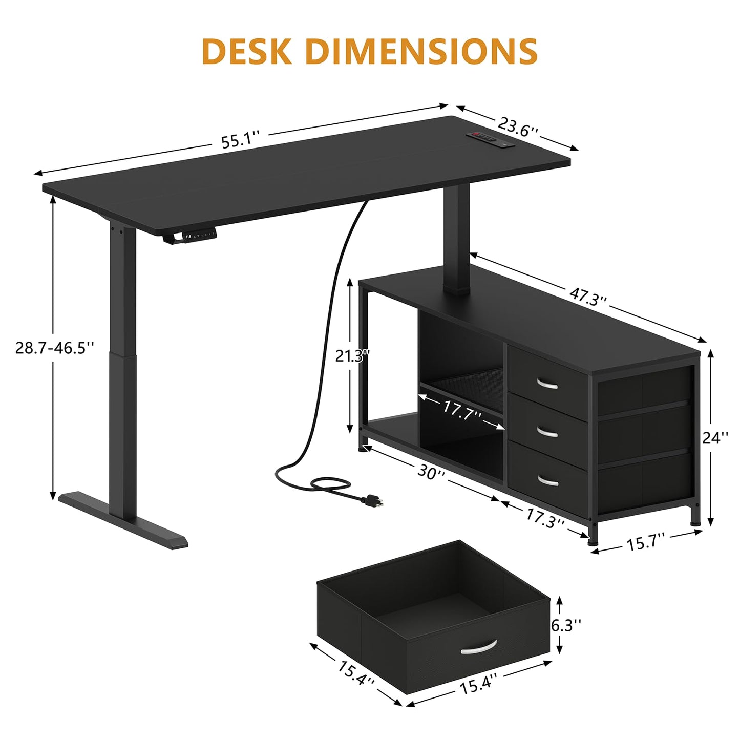 Gacfiew L Shaped Electric Standing Desk with Drawers & Shelves, Height Adjustable Corner Computer Desk with Power Outlets, 55 Inch Sit Stand Executive Desk with Storage for Home Office, Black