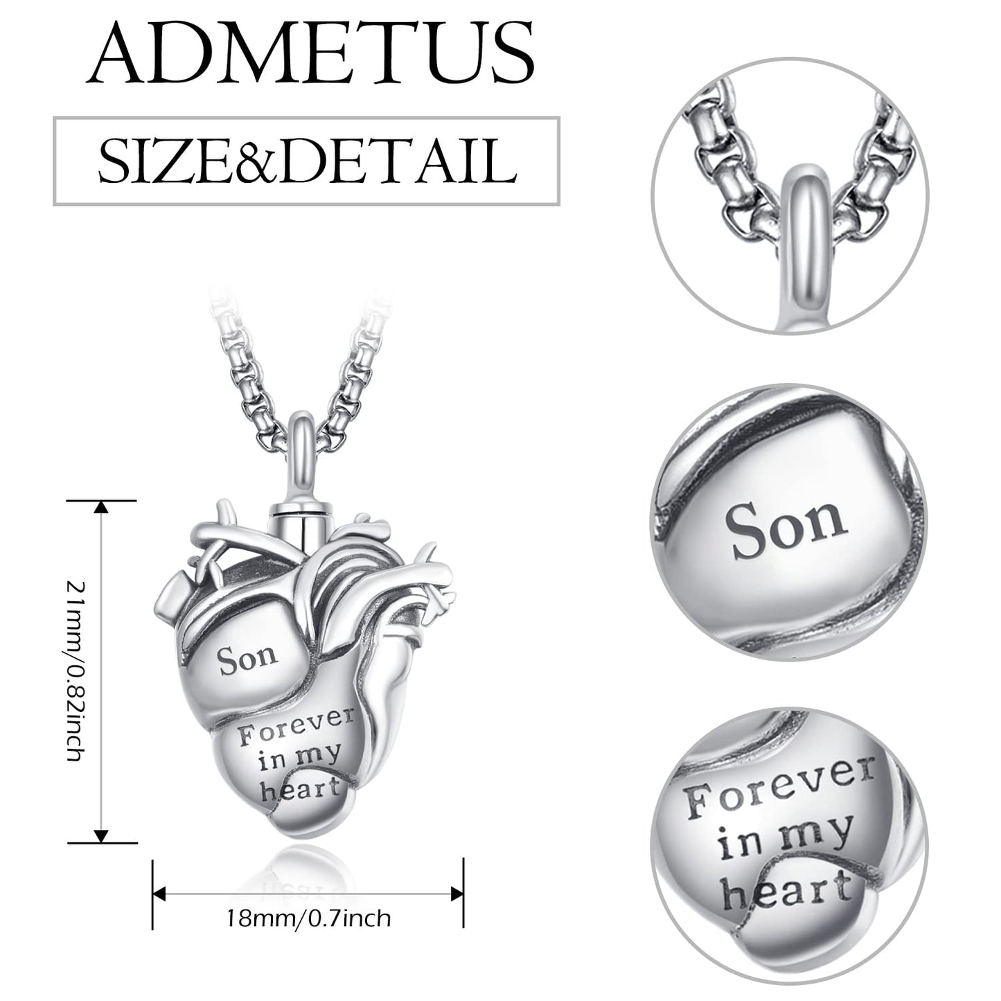 Anatomical Heart Urn Necklaces for Ashes Sterling Silver Ash Pendants Cremation Jewelry Son Keepsake Pendant Memorial Jewelry Gifts for Loss of Son
