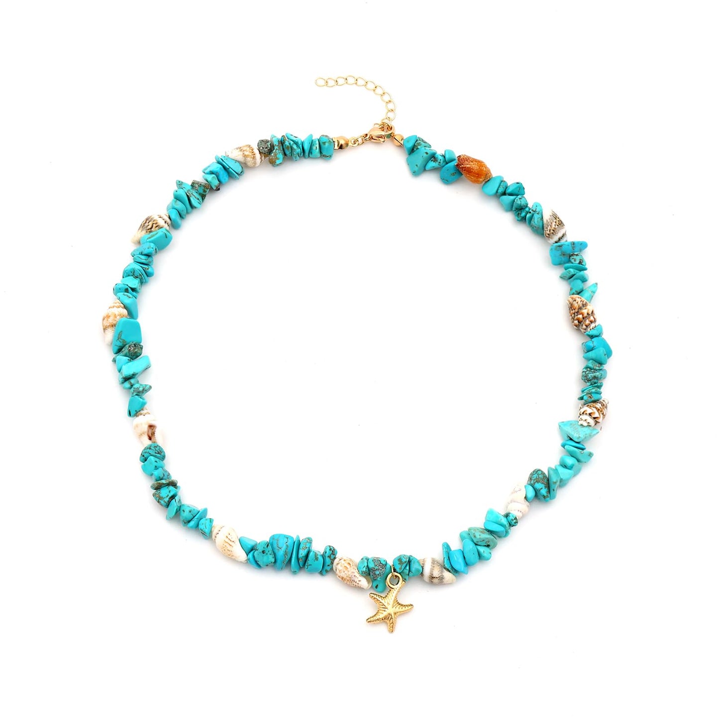 Starfish Turquoise Necklace for Women, 14K Gold Plated Dainty Starfish Turquoise Beaded Necklaces Handmade Beach Summer Boho Shell Ocean Choker Beachy Vacation Necklaces for Women Blue 16 Inches