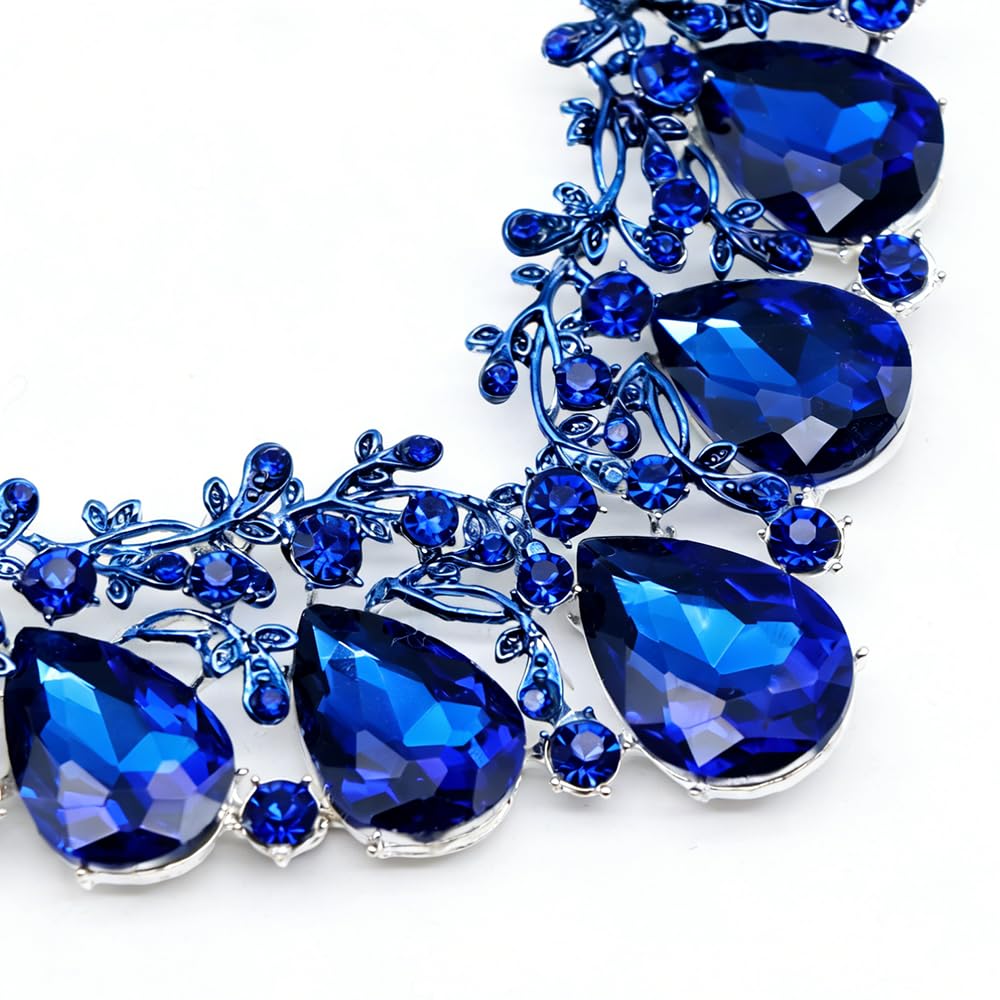 Qlavoca Vintage Crystal Teardrop Necklace Earrings Set - Gothic Statement Jewelry for Wedding Bridal Prom Party(Royal Blue Gold-Tone)