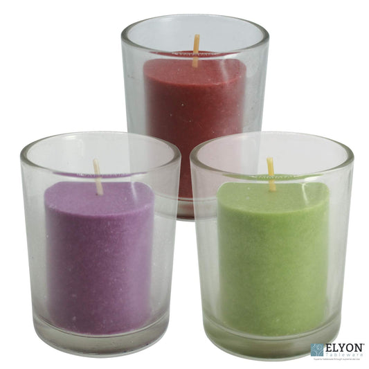 18 Assorted Red, Green, Purple, Colored Unscented Wax Votive Candles in Glass Holder, 24 Hours Burn Time