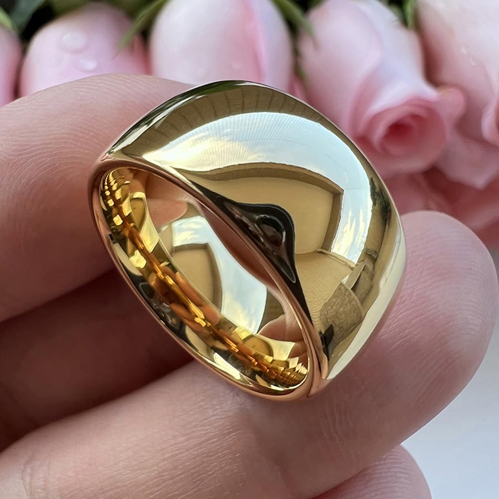 TUTISS 10mm Gold Tungsten Rings for Men Women Engagement Wedding Bands Domed Polished Comfort Fit Size 9