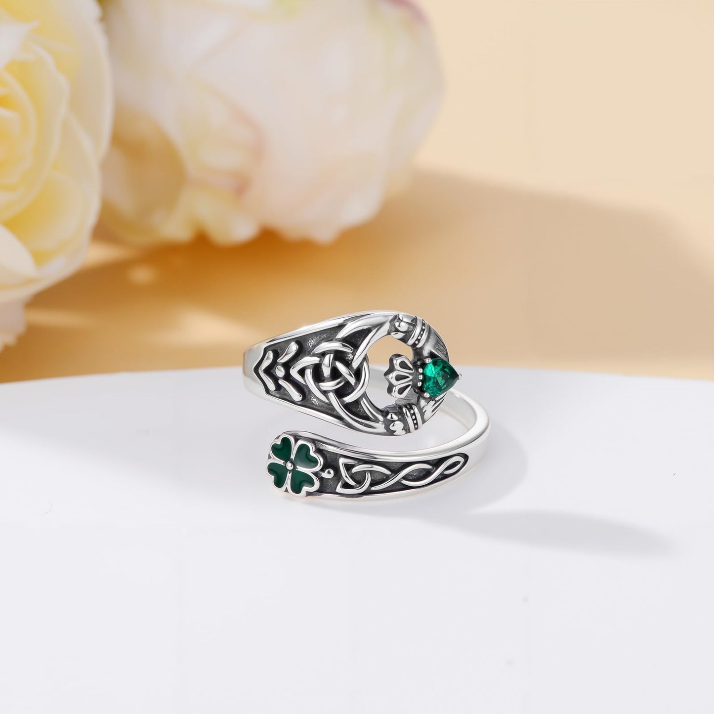 Midari Claddagh Rings for Women 925 Sterling Silver Adjustable Vintage Celtic Open Antique Spoon Rings Irish St Patricks Day Four Leaf Clover Jewelry Gifts for Women Men