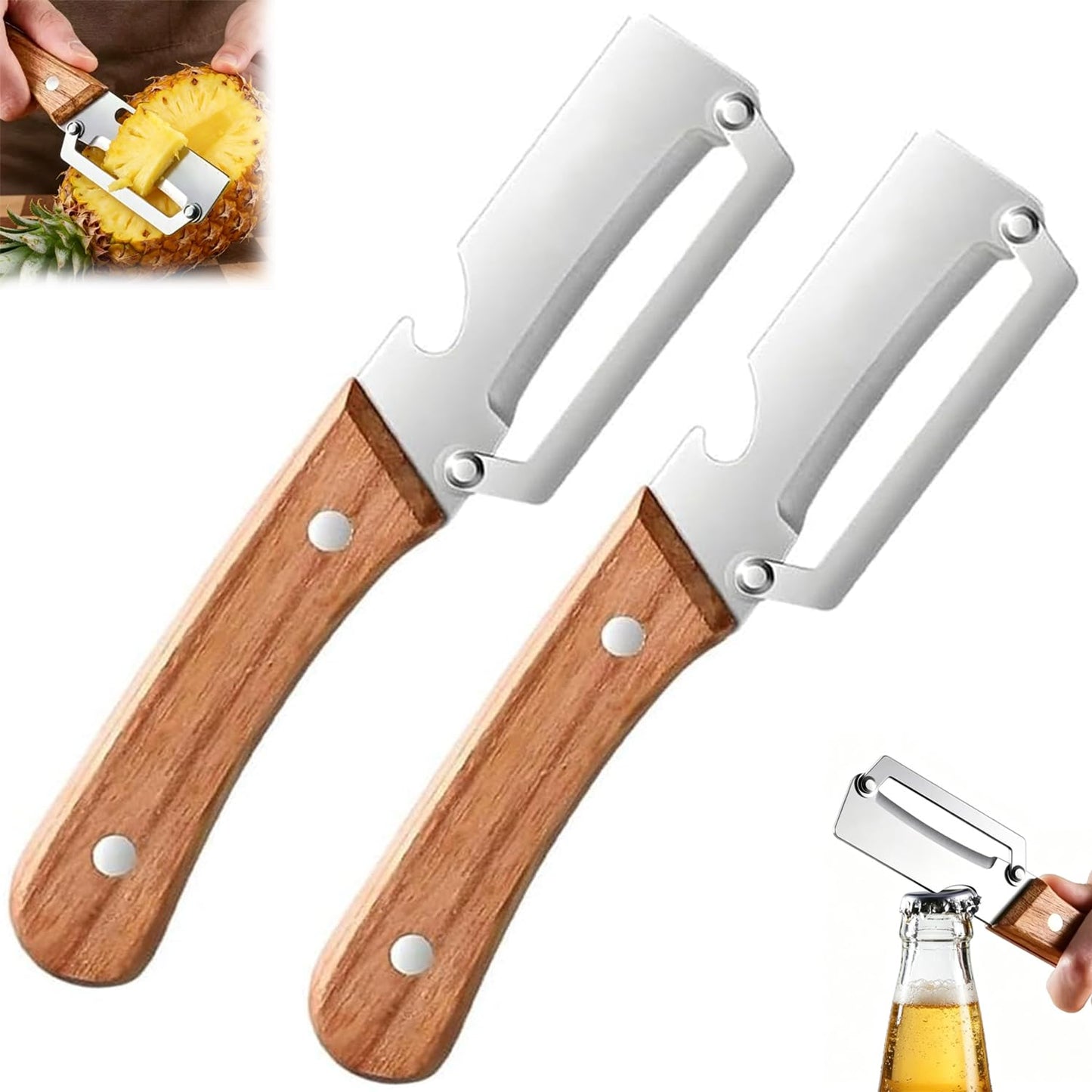 MultiFunctional Vegetable Peeler for Kitchen, Vegetable Peeler with Wooden Handle and Bottle Opener, 2-in-1 Stainless Steel Kitchen Peelers for Fruit Veggie Apple Potato Pumpkin Papaya(2PCS)