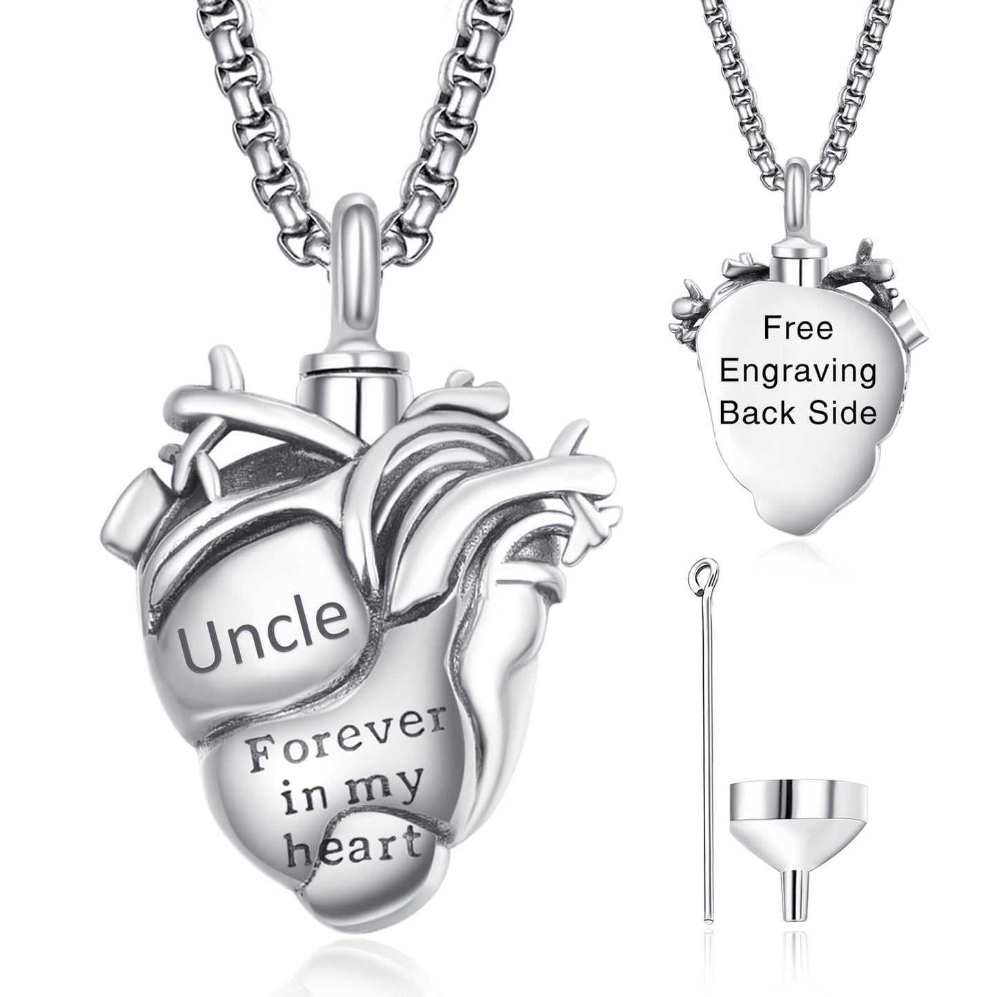 Personalized Anatomical Heart Urn Necklaces for Ashes Sterling Silver Ash Pendants Cremation Jewelry Uncle Keepsake Pendant Memorial Jewelry Gifts for Loss of Uncle