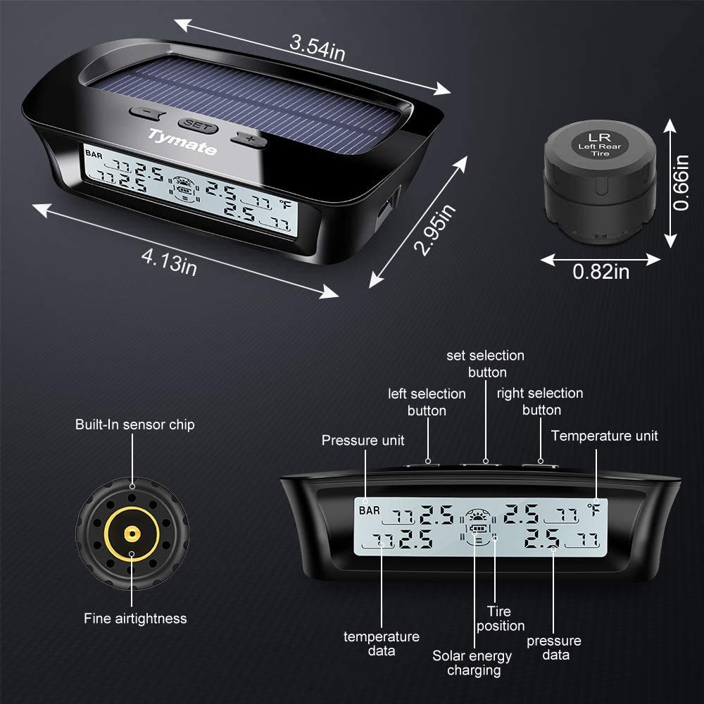 Tymate RV Tire Pressure Monitoring System - M12-3 Tire Pressure Monitor System (0-87 PSI) with Solar Charge, 5 Alarm Modes, Auto Sleep Mode, LCD Display, RV TPMS with 4 Sensors, Easy to Install