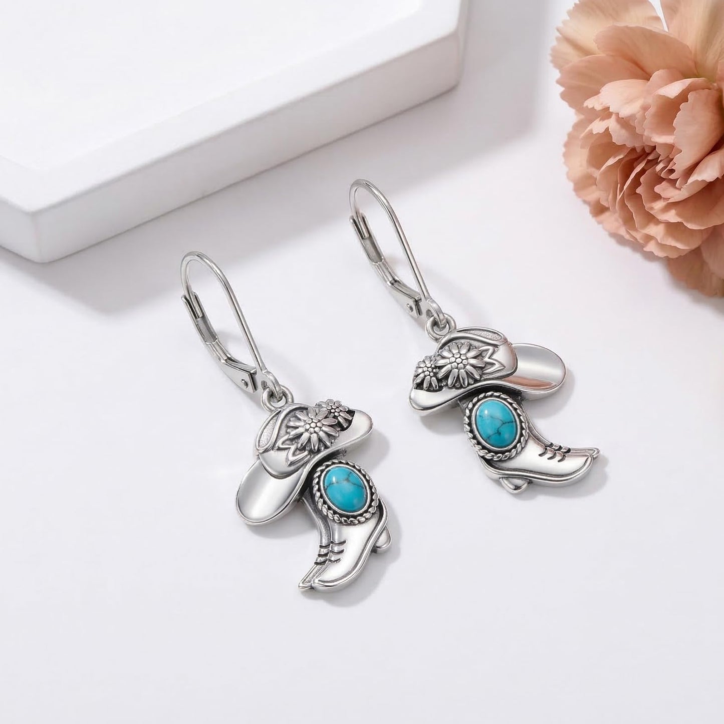 YYmqmq Turquoise Cowboy Boot Earrings 925 Sterling Silver Western Jewelry Cowgirl Hat Dangle Earrings Laverback Country Style Cowgirl Gifts for Women Girlfriend Her