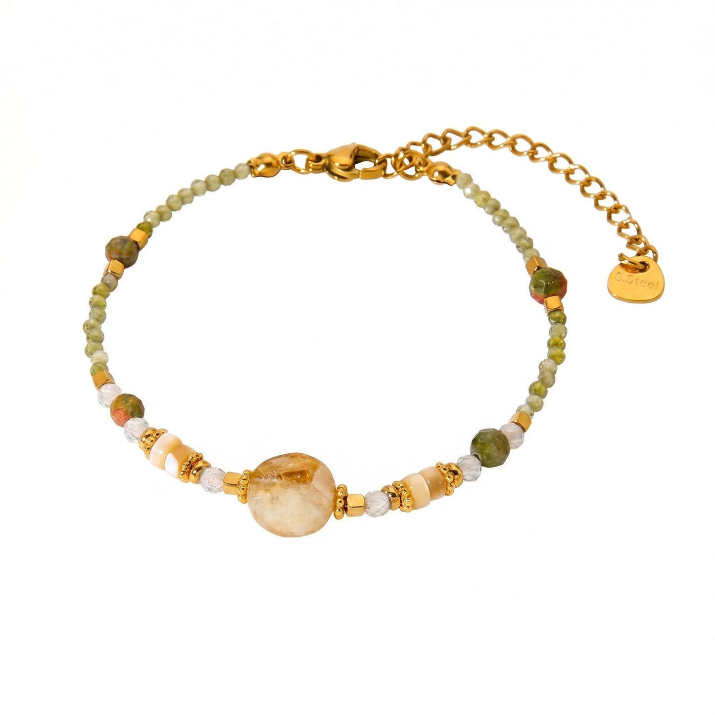 RINHOO Boho Natural Stone Beaded Bracelet for Women, Adjustable Gold Plated Healing Crystal Bracelet Handmade Amethyst Citrine Bracelets Anxiety Relief Jewelry Gifts (Style 3-Green)