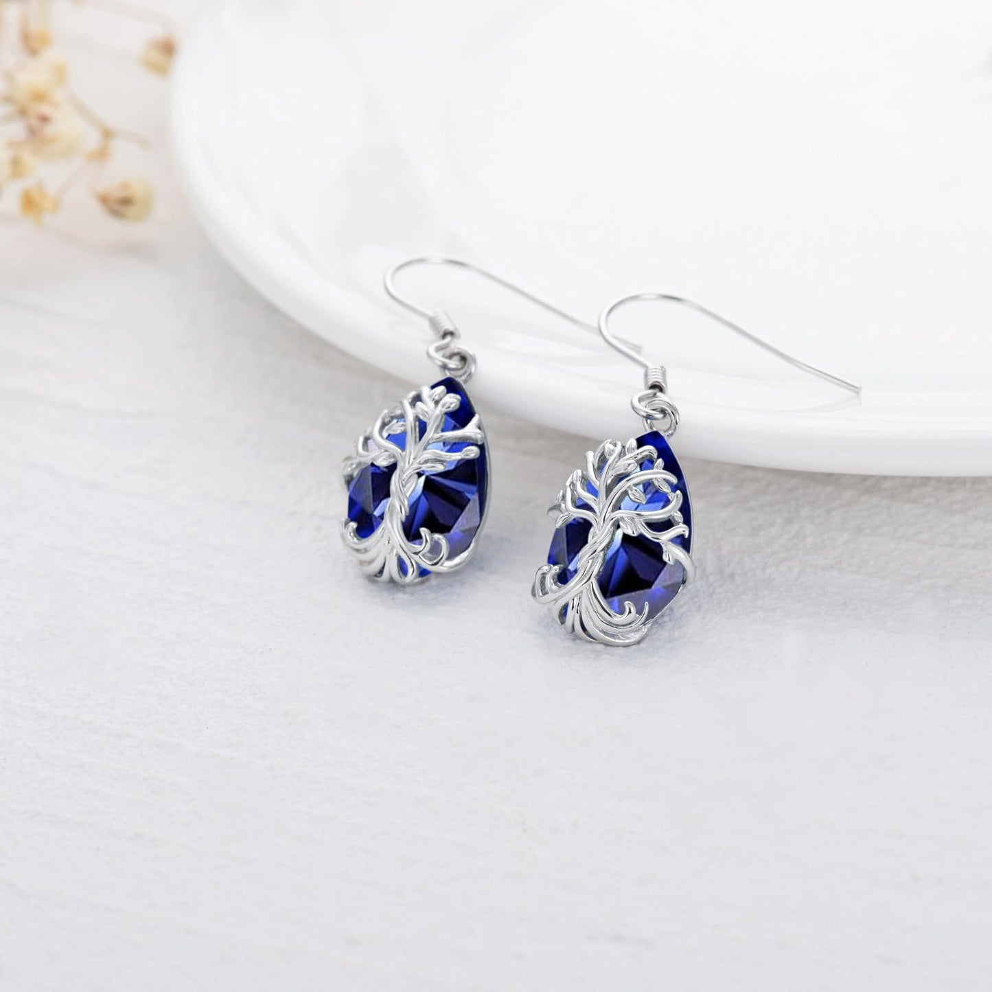 TOUPOP Sapphire Tree of Life Earrings Sterling Silver Teardrop September Birthstone Earrings Family Tree Sapphire Jewelry Birthday Mothers Day Gifts for Women Mom Her