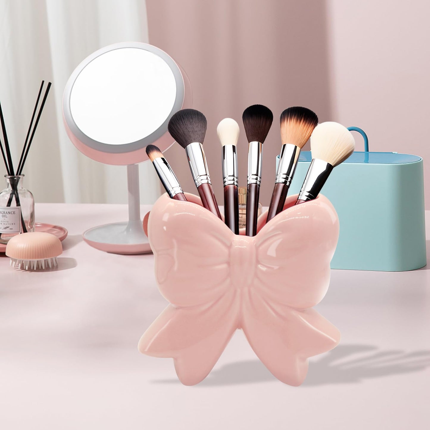 Coquette Vase Bow Ceramic Pen Holder Makeup Brush Holder, Contemporary Design Decorative Women Gifts for Home Office Shelf Table Living Room Classic Pink
