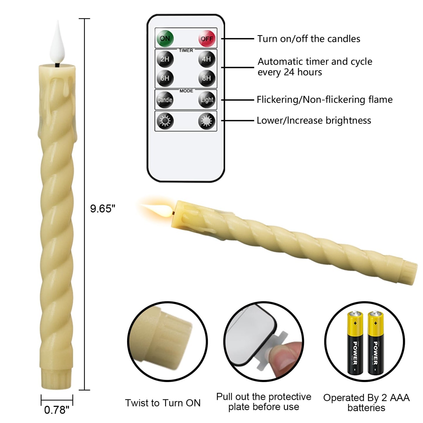 DRomance Flickering Flameless Taper Candles with Remote and Timer, 2 Pack Battery Operated LED Taper Candles 3D Wick Plastic Dripping Effect Dinner Wedding Holiday Decor(Ivory, 0.78" D x 9.65"" H)"
