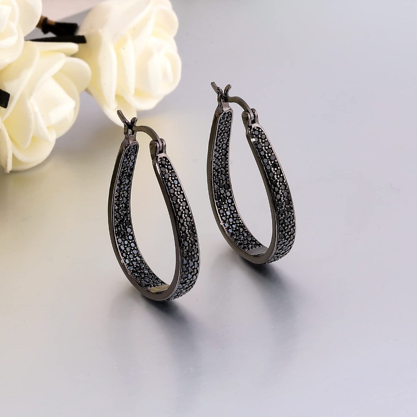 CiNily Black Gold Plated Big Cubic Zirconia Hoop Earrings for Women 925 Sterling Silver Post Large Oval Chunky Gemstone Hoop Earrings