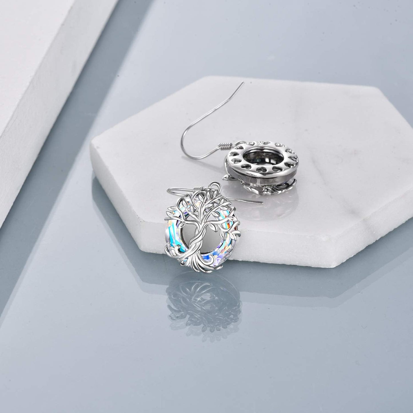 TOUPOP Tree of Life Earrings for Women Sterling Silver Family Tree Drop Dangle Earrings White Circle Crystal Jewelry Birthday Mothers Day Gifts for Women Mom Her