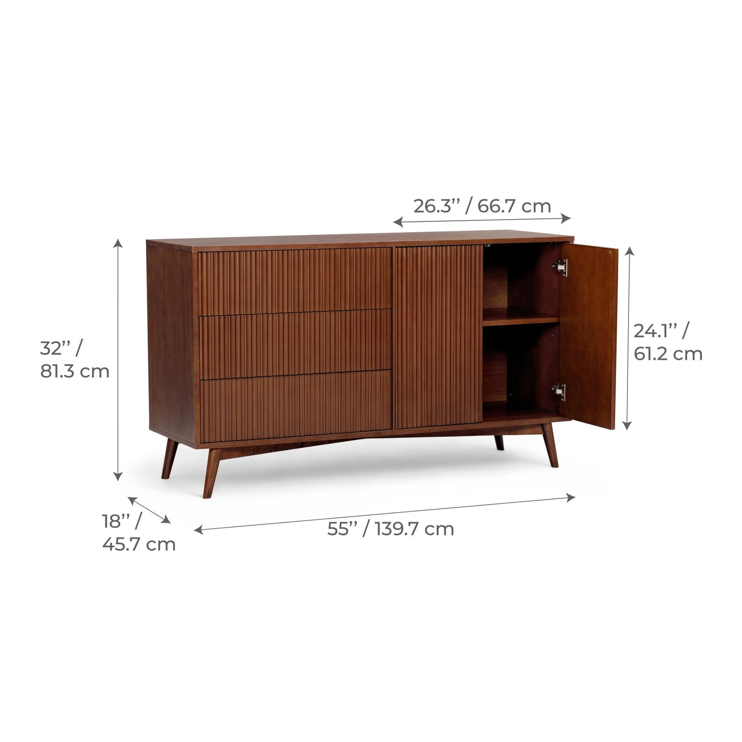 Teamson Home Tremolo 55″ Wide Sideboard Cabinet with 3 Deep Drawers & 2 Push-Open Doors, Adjustable Shelf & Solid Rubber Wood Feet, Fluted Fronts in Contemporary Style for Living, Dining Room, Walnut