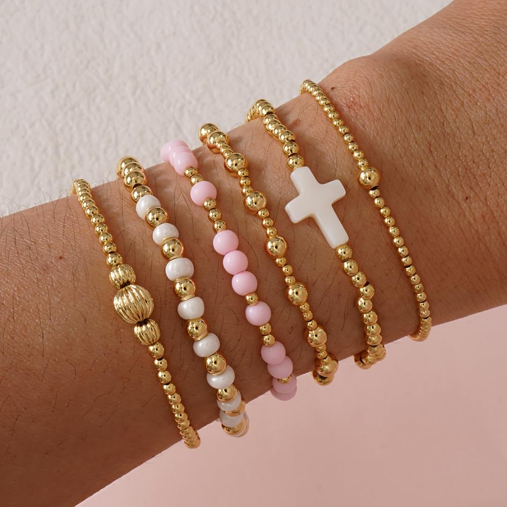 SHINUS BOHO Cross Gold Beaded Bracelet Stack for Women,Bohemian Stretch White Pink Beads Stackable Bracelets Set Fashion Prom Party Accessories Jewelry Gift Friendship