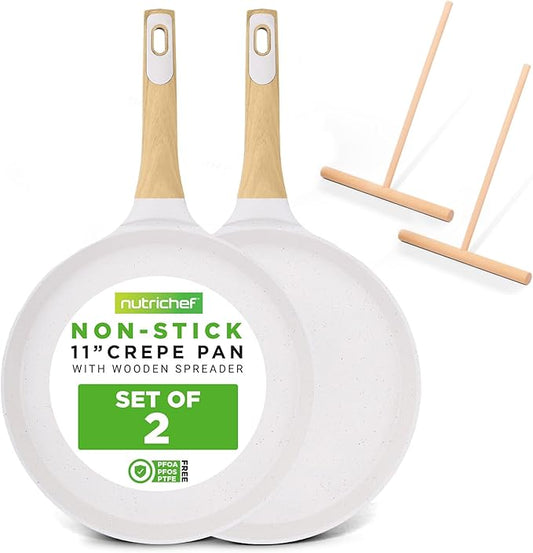 NutriChef 2-Pack Non-Stick Crepe Pan Set – 11” Marble Coated Dosa Pans with Wooden Spreaders, Bakelite and Wood Handles, Induction-Compatible, Easy-to-Clean, Stain-Resistant, White Cream Marble