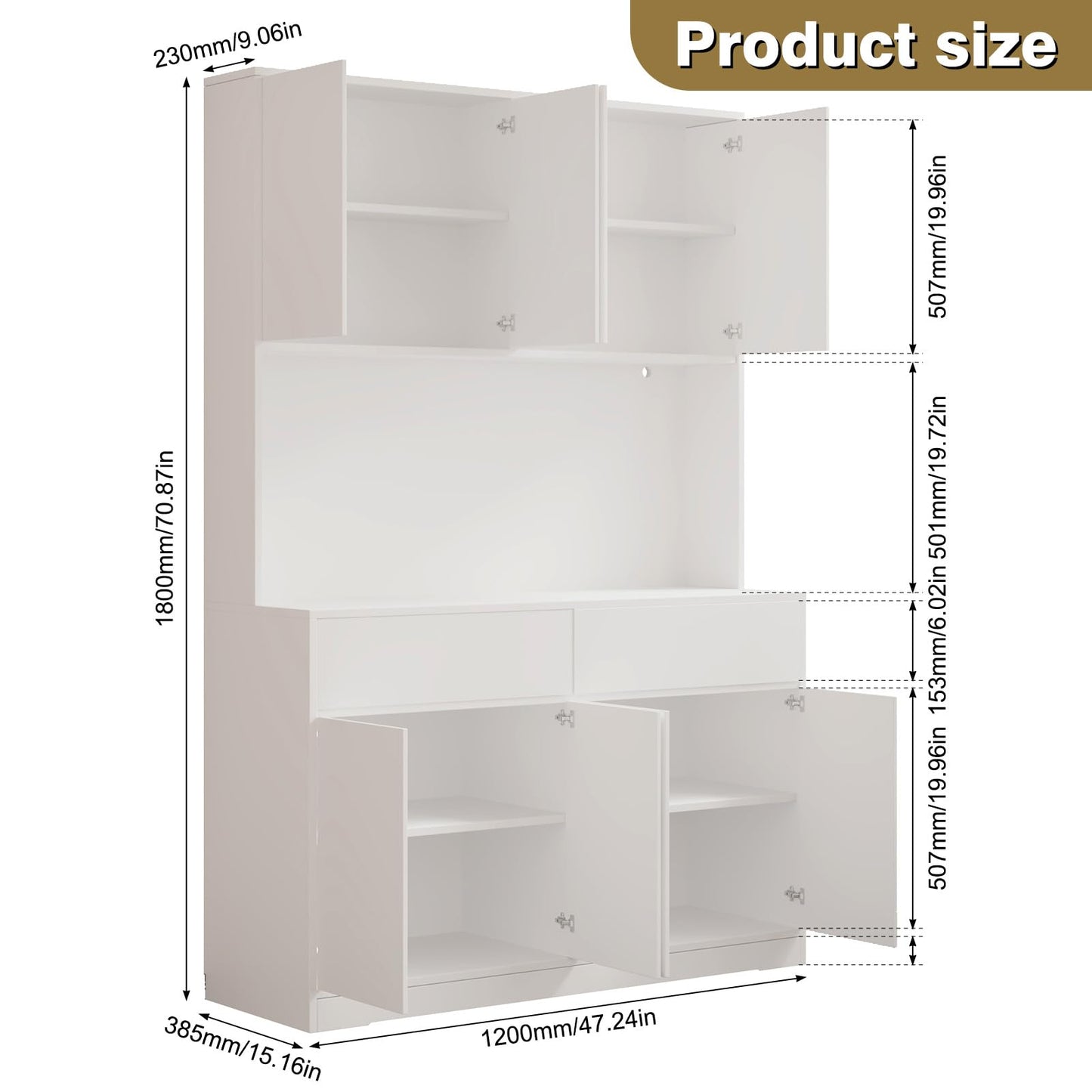 71" Tall 47" Wide Large Kitchen Pantry Storage Cabinet w/ Power Outlet,Led Light, Kitchen Hutch Pantry Cabinet w/ 2 Drawer and 8 Doors,Modern Freestanding Buffet Cabinets for Kitchens,Dining Room