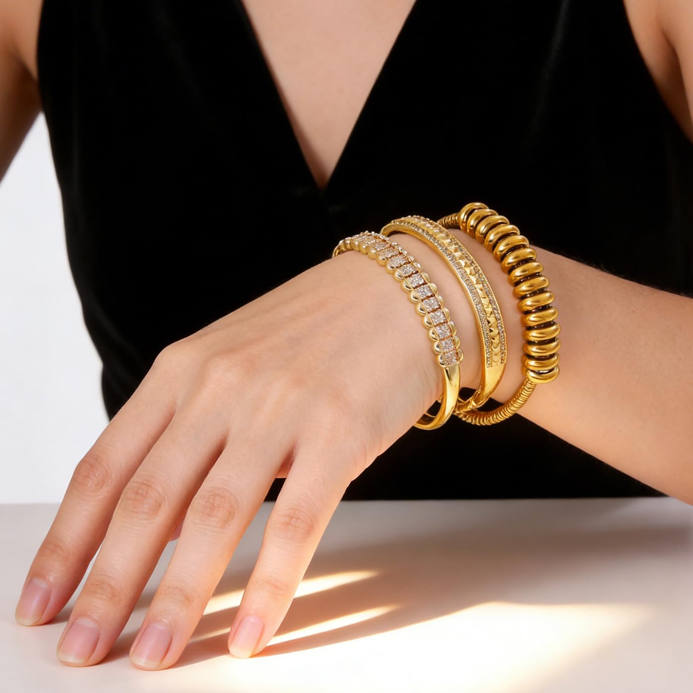hotoo Gold Stackable Bangle Bracelets For Women 18K Gold Plated Beads Chain Bracelets Stainless Steel Bangle Bracelets Set Cubic Zirconia For Birthday Christmas Trendy Jewelry Gifts,3PCS