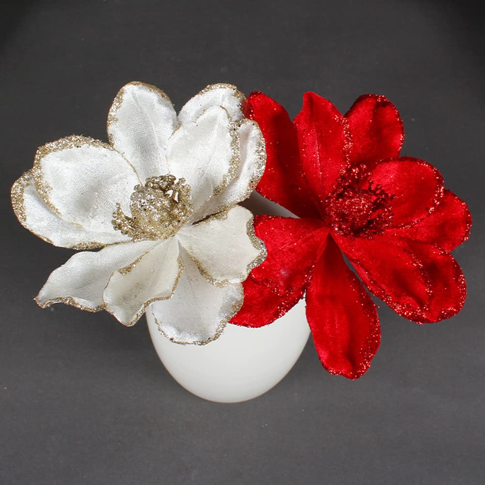 vctops 10 PCS Glitter Artificial Flower Christmas Tree Wreath DIY Ornaments 6.3 Inch Faux Flower for Xmas New Year Wedding Party Holiday Decoration,White A