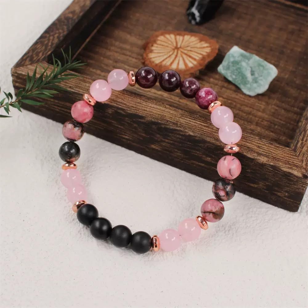 TUQBA Anxiety Relief Beaded Crystal Bracelet for Women Natural Gemstone Beaded Jewelry, Mothers Days Gifts, Christmas, Birthday gift, Onyx, Rose Quartz, Carnelian & Rhodonite